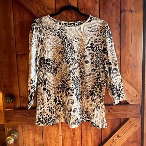 Alfred Dunner Black and Cream Animal Print Long Sleeve Top